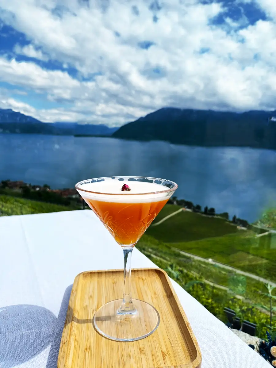 Cocktail of the month served at Le Deck Bar-Terrasse above Lake Geneva